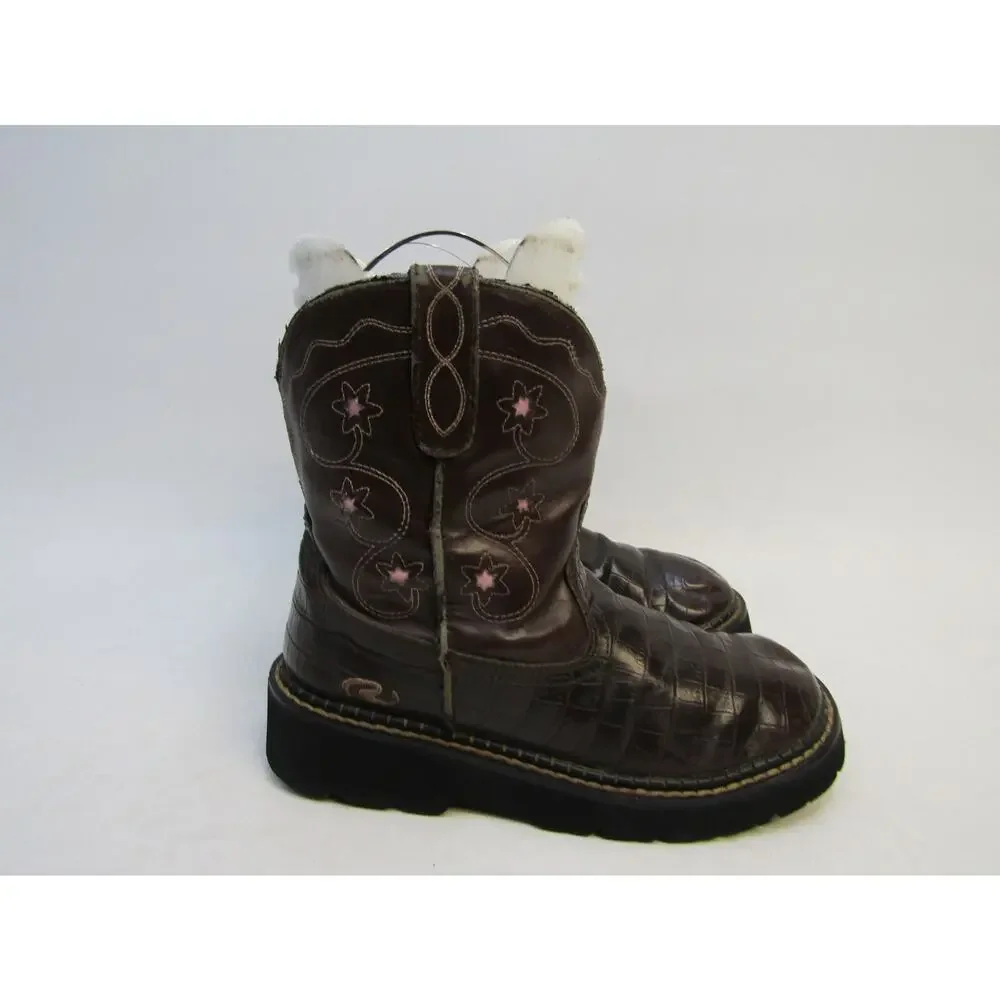 Roper Brand Youth Size 2 M Brown Leather Gator Print Cowboy Western Boots